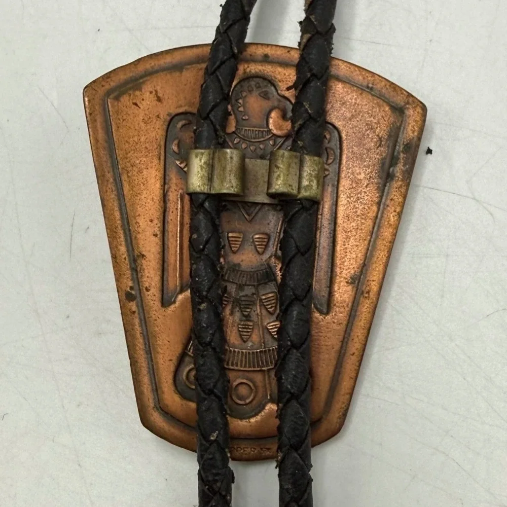Vintage Thunderbird Bolo Tie Copper Tone Faux Turquoise Western Cowboy Accessory